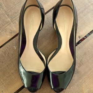 Arturo Chiang black, patten leather peep toe shoes with cork, wedge heels.